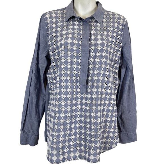Ann Taylor Loft Softened Shirt Eyelet Embroidered Long Sleeve Button Up Top sz M - Picture 1 of 16